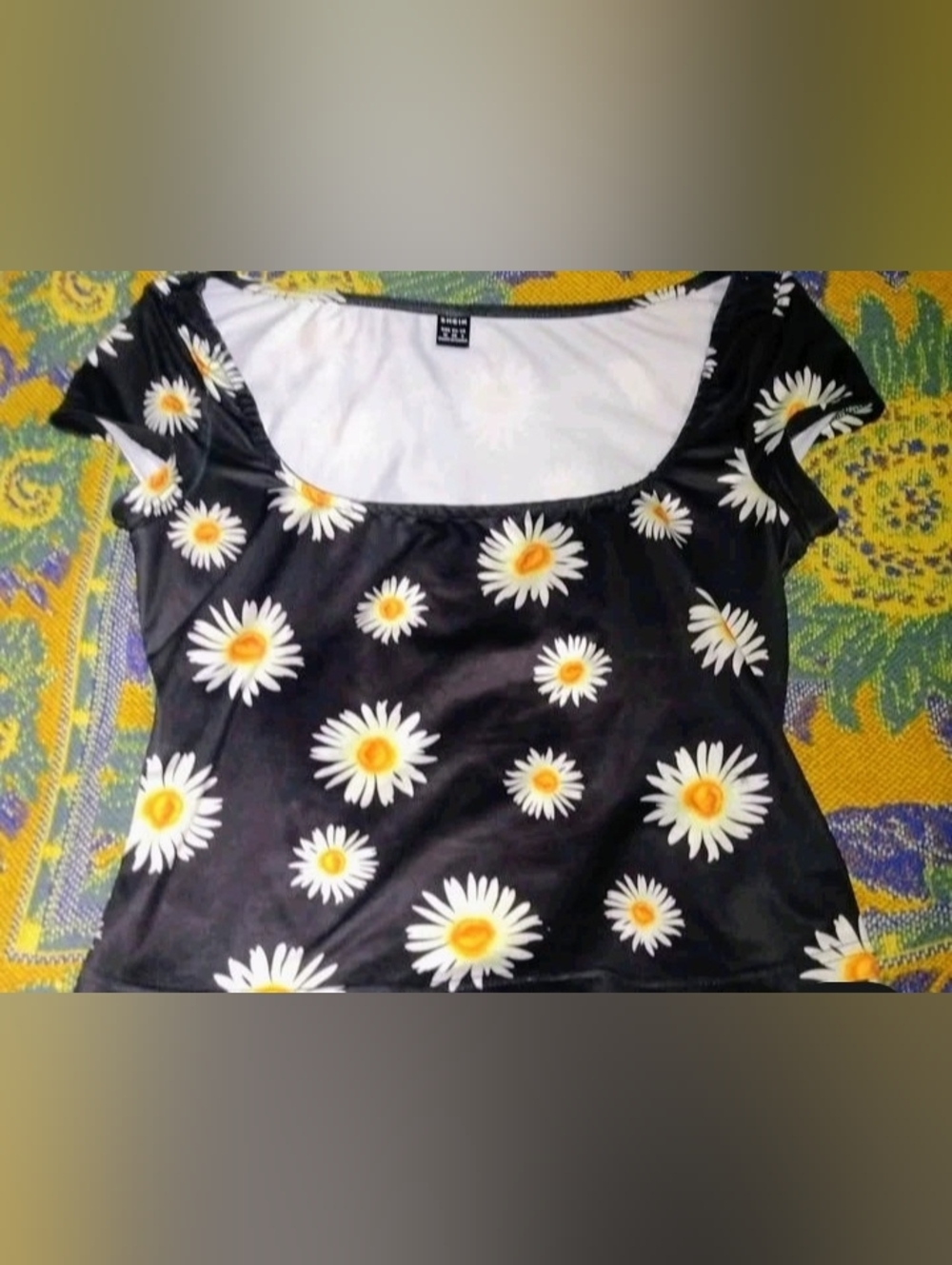 CROPPED Black Daisy Print Tank Top with Yellow Centers
